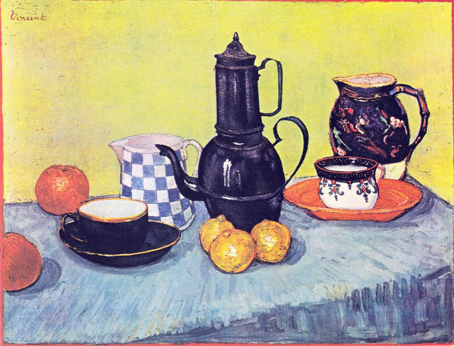 Still Life with Coffee Pot by Vincent van Gogh: a blue coffee pot, jugs, cups, oranges and lemons on a blue cloth