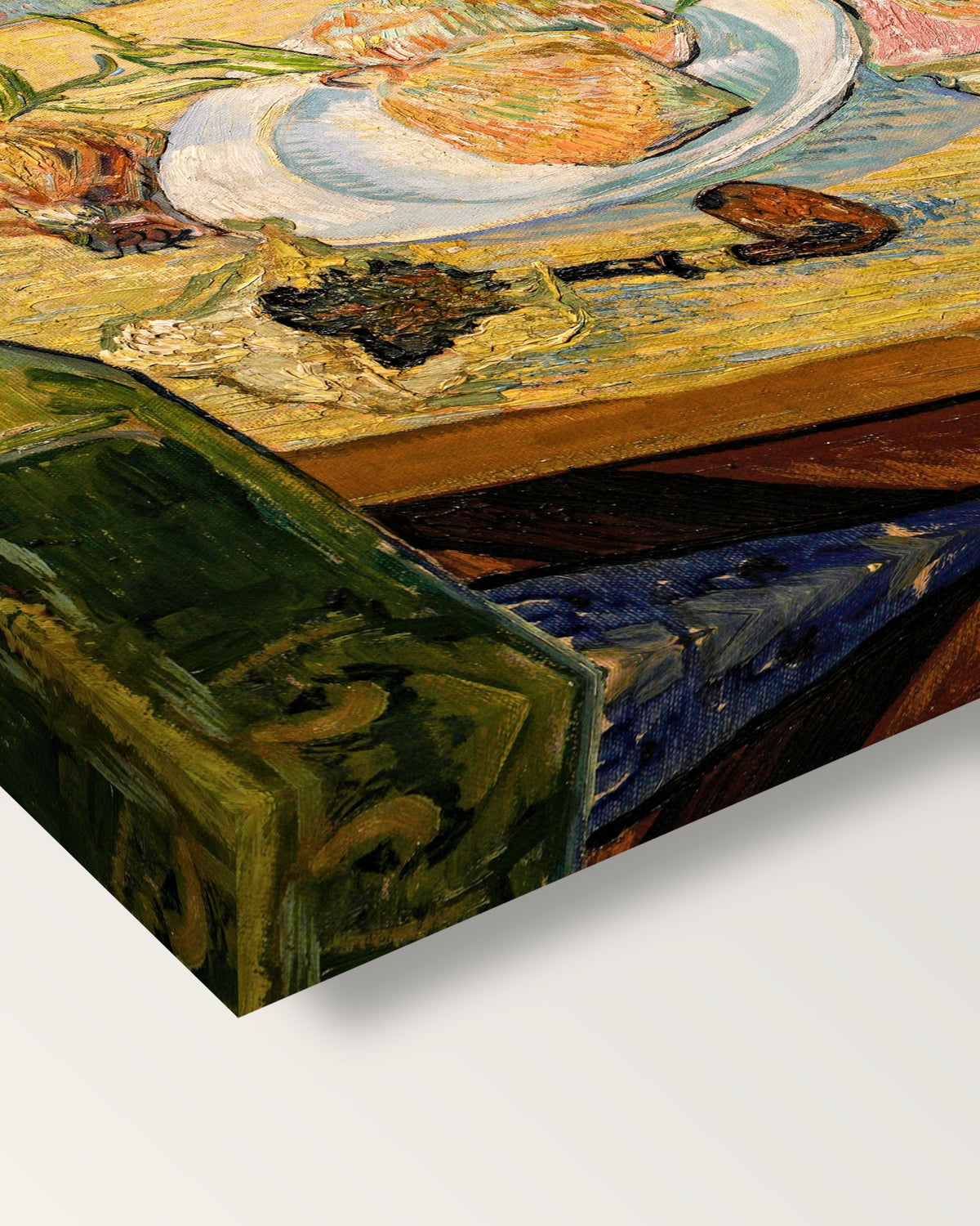 Still Life with Onions by Vincent van Gogh on stretched canvas, corner close-up: the painting mirror-wrapped round the sides