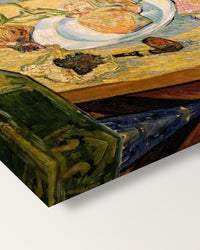 Still Life with Onions by Vincent van Gogh on stretched canvas, corner close-up: the painting mirror-wrapped round the sides