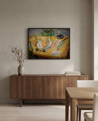 Still Life with Onions by Vincent van Gogh in a black frame above a walnut sideboard in a dining room