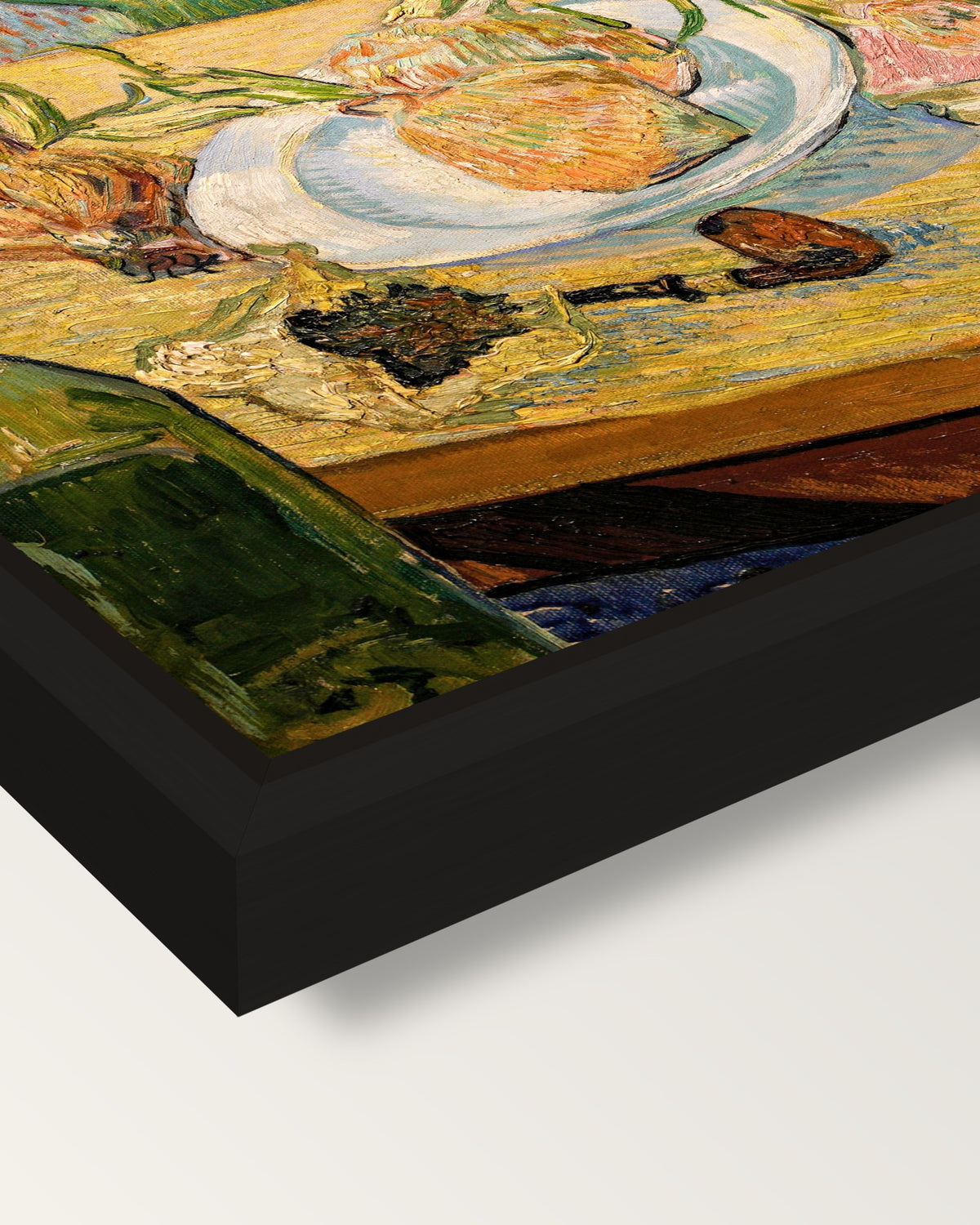Still Life with Onions by van Gogh framed canvas, corner close-up: a black floating frame with a shadow gap round the canvas
