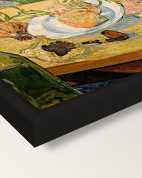 Still Life with Onions by van Gogh framed canvas, corner close-up: a black floating frame with a shadow gap round the canvas