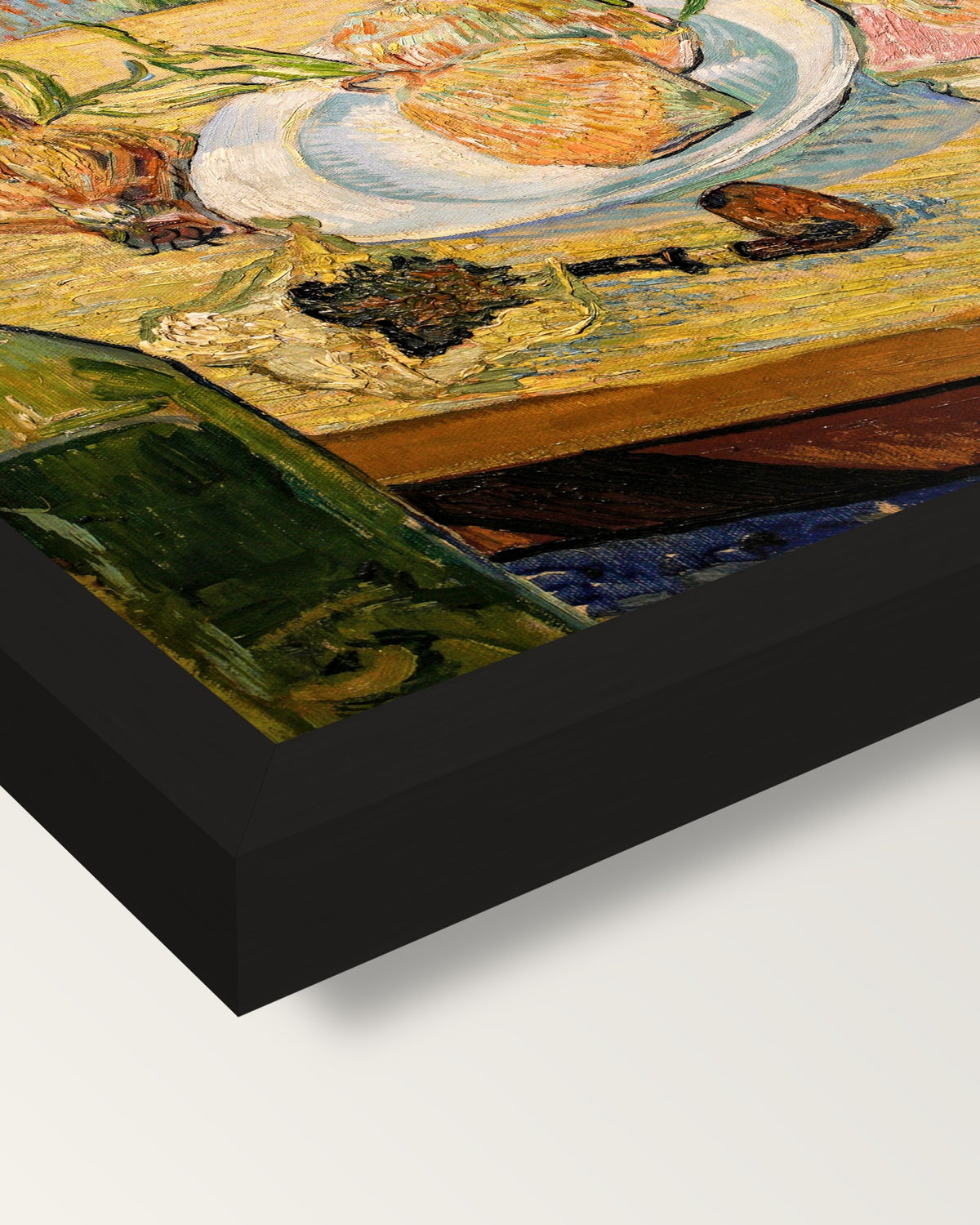 Still Life with Onions by van Gogh framed print, corner close-up: black moulding, mitred, the print set just below its edge