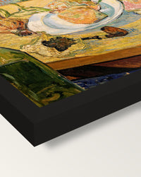 Still Life with Onions by van Gogh framed print, corner close-up: black moulding, mitred, the print set just below its edge
