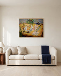 Still Life with Onions by Vincent van Gogh framed in natural oak above a cream sofa in a warm living room