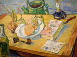 Still Life with a Plate of Onions by Vincent van Gogh: onions, a pipe, a book, a letter and a candle on a drawing board