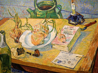 Still Life with a Plate of Onions by Vincent van Gogh: onions, a pipe, a book, a letter and a candle on a drawing board
