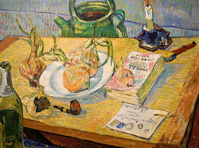 Still Life with a Plate of Onions by Vincent van Gogh: onions, a pipe, a book, a letter and a candle on a drawing board