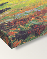 Sunny Lawn in a Public Park by van Gogh on stretched canvas, corner close-up: the painting mirror-wrapped round the sides