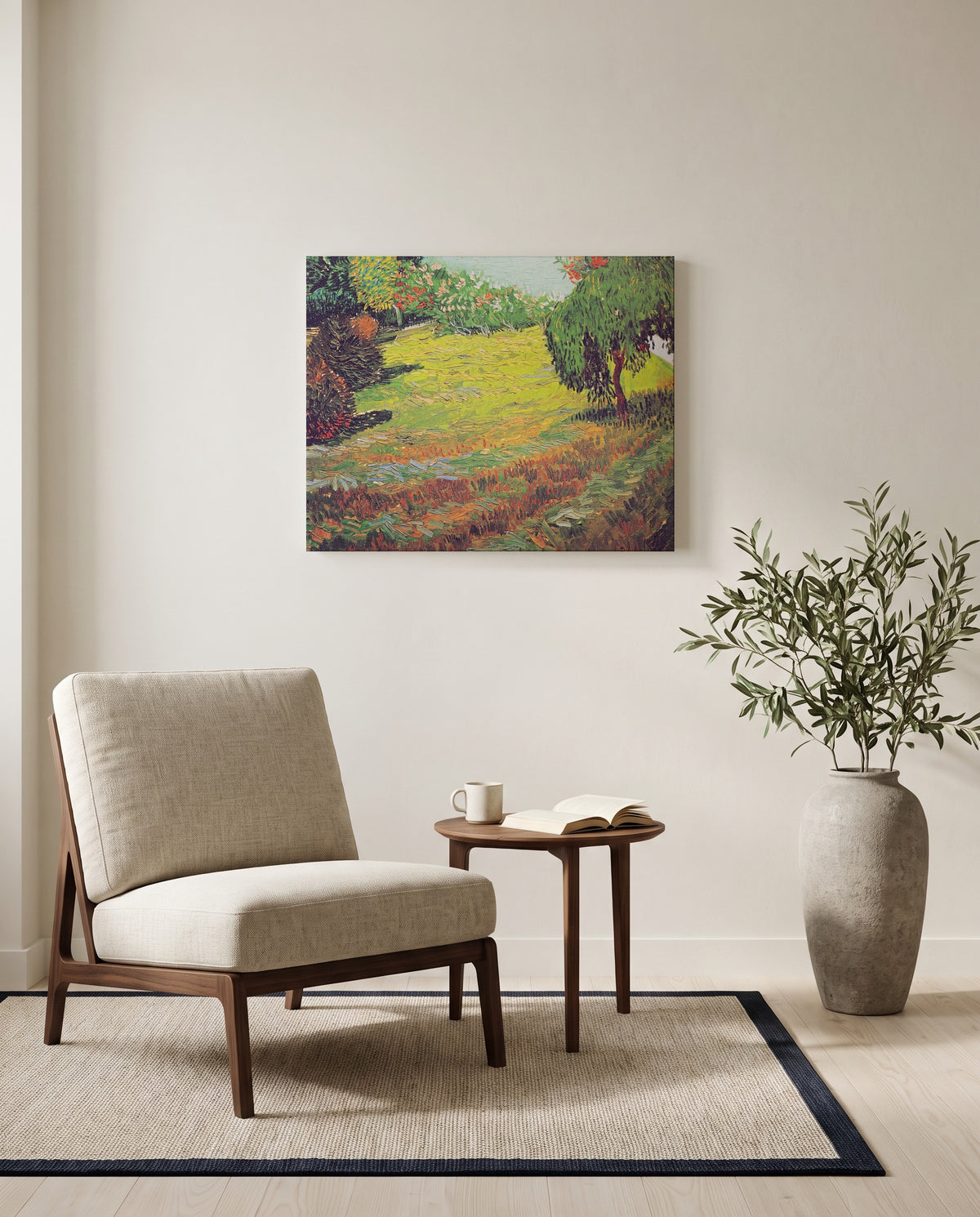 Sunny Lawn in a Public Park by Vincent van Gogh as a stretched canvas above a linen lounge chair in a reading corner