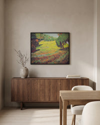 Sunny Lawn in a Public Park by Vincent van Gogh in a black frame above a walnut sideboard in a dining room