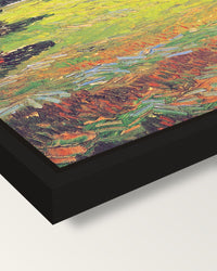 Sunny Lawn in a Public Park framed canvas, corner close-up: a black floating frame with a shadow gap round the canvas