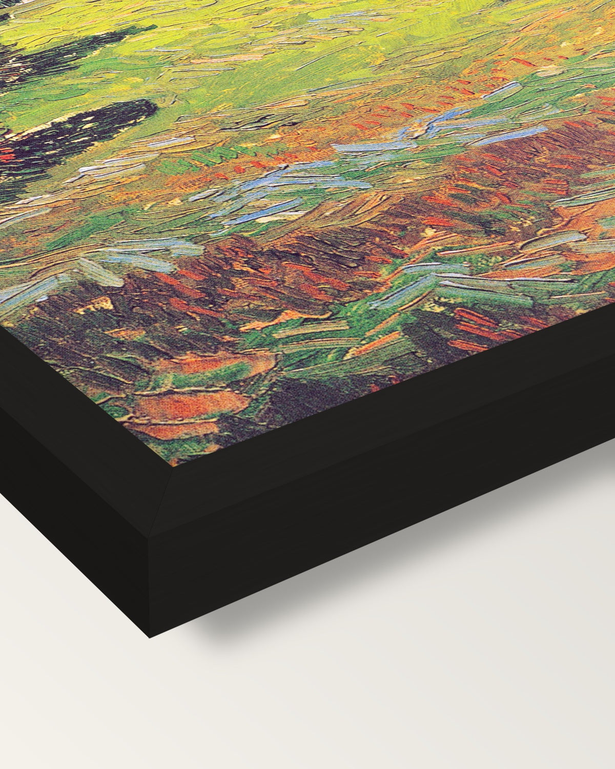 Sunny Lawn in a Public Park framed print, corner close-up: black moulding, mitred, the print set just below its edge