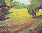 Sunny Lawn in a Public Park by Vincent van Gogh: a bright green mown lawn, a weeping tree, cedars and oleanders