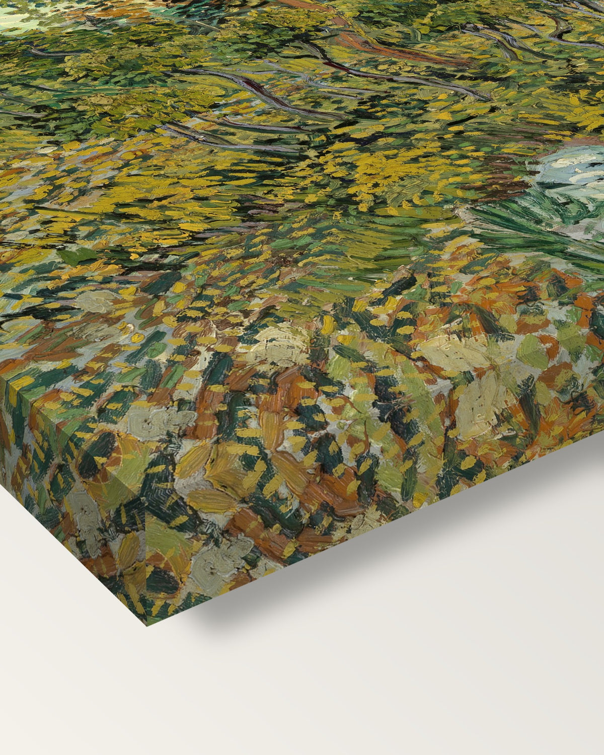 Sunset at Montmajour by Vincent van Gogh on stretched canvas, corner close-up: the painting mirror-wrapped round the sides