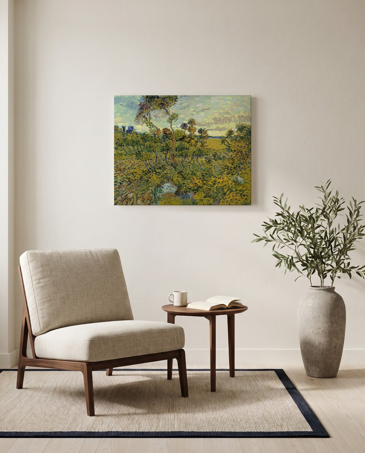 Sunset at Montmajour by Vincent van Gogh as a stretched canvas above a linen lounge chair in a reading corner