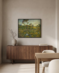 Sunset at Montmajour by Vincent van Gogh in a black frame above a walnut sideboard in a dining room
