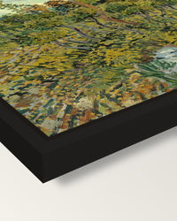 Sunset at Montmajour by van Gogh framed canvas, corner close-up: a black floating frame with a shadow gap round the canvas