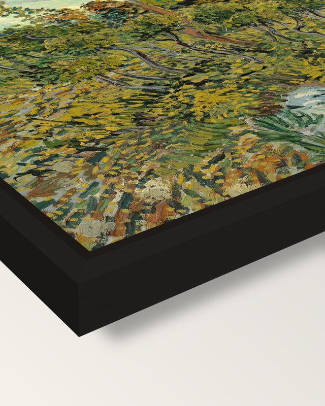 Sunset at Montmajour by van Gogh framed canvas, corner close-up: a black floating frame with a shadow gap round the canvas