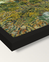 Sunset at Montmajour by van Gogh framed print, corner close-up: black moulding, mitred, the print set just below its edge