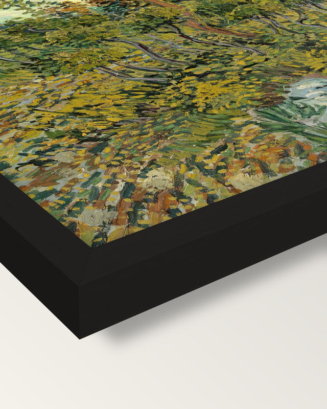 Sunset at Montmajour by van Gogh framed print, corner close-up: black moulding, mitred, the print set just below its edge