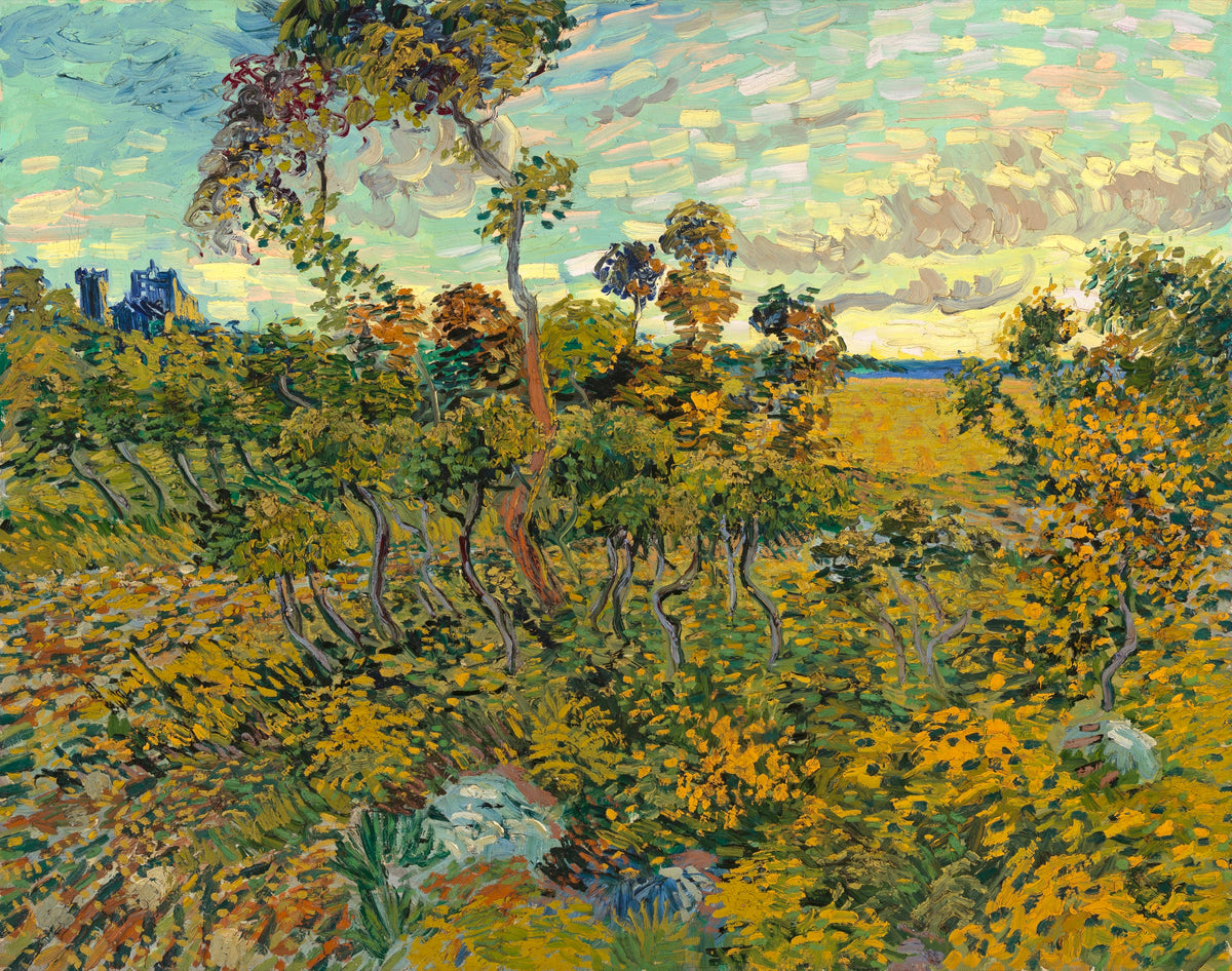 Sunset at Montmajour by Vincent van Gogh: twisted little oaks on a stony heath at sunset, a ruin on the hill beyond