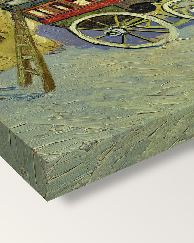 The Tarascon Diligence by Vincent van Gogh on stretched canvas, corner close-up: the painting mirror-wrapped round the sides