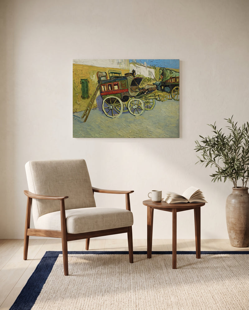 The Tarascon Diligence by Vincent van Gogh as a stretched canvas above a linen lounge chair in a reading corner