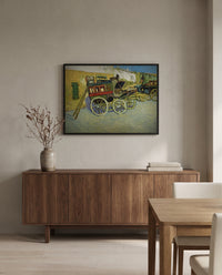 The Tarascon Diligence by Vincent van Gogh in a black frame above a walnut sideboard in a dining room