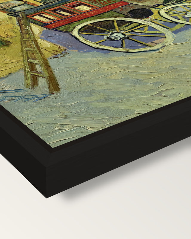 The Tarascon Diligence by van Gogh framed canvas, corner close-up: a black floating frame with a shadow gap round the canvas