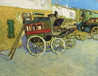 The Tarascon Diligence by Vincent van Gogh: an old red and green stagecoach in an inn yard, pink and yellow walls