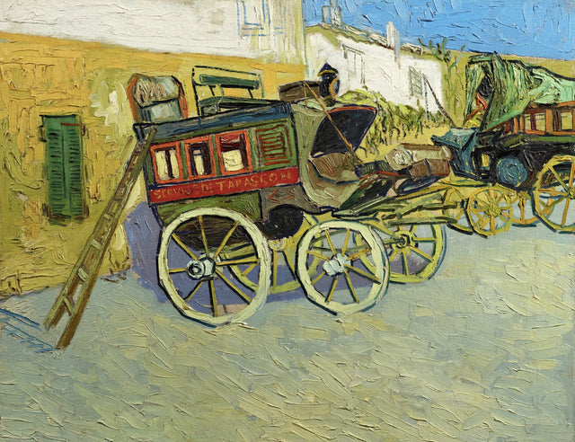 The Tarascon Diligence by Vincent van Gogh: an old red and green stagecoach in an inn yard, pink and yellow walls