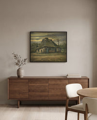 The Cottage by Vincent van Gogh in a black frame above a walnut sideboard in a dining room
