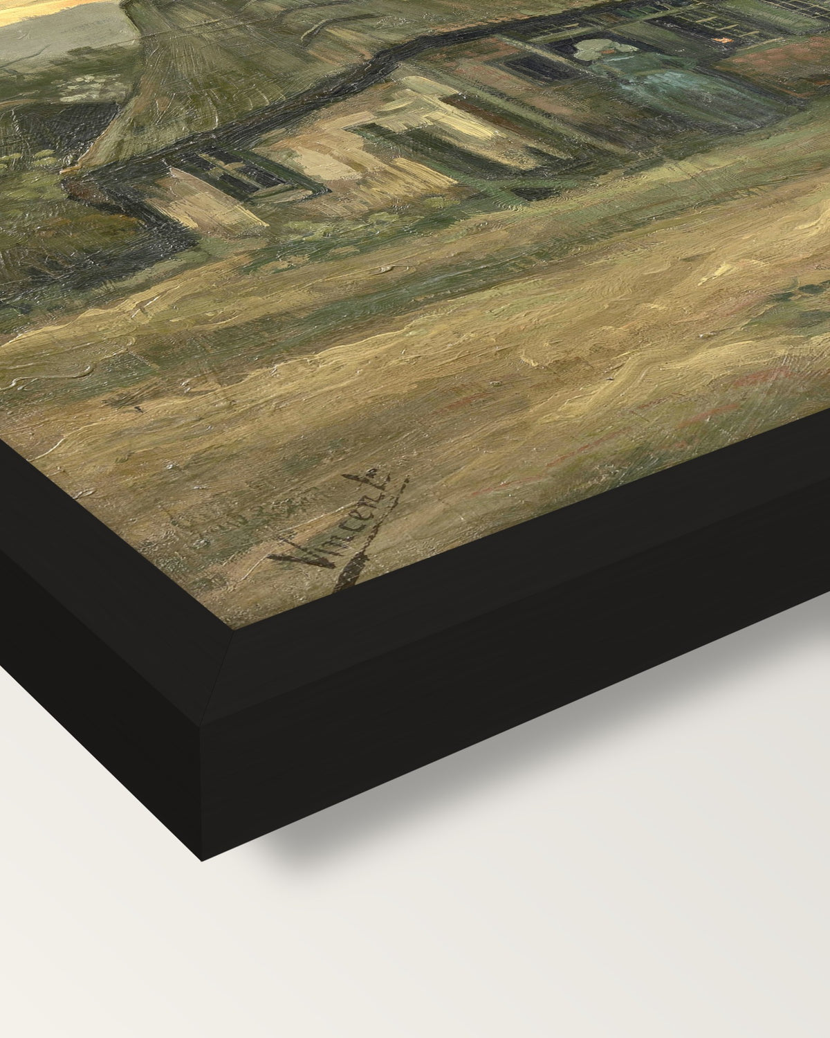 The Cottage by Vincent van Gogh framed print, corner close-up: black moulding, mitred, the print set just below its edge