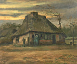 The Cottage by Vincent van Gogh: a low thatched cottage at dusk under a stormy sky, a woman in the doorway