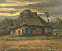 The Cottage by Vincent van Gogh: a low thatched cottage at dusk under a stormy sky, a woman in the doorway
