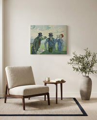 The Drinkers by Vincent van Gogh as a stretched canvas above a linen lounge chair in a reading corner