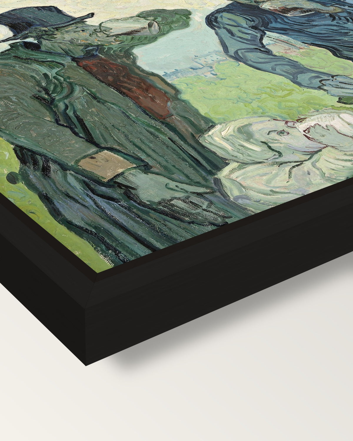 The Drinkers by Vincent van Gogh framed canvas, corner close-up: a black floating frame with a shadow gap round the canvas