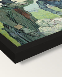 The Drinkers by Vincent van Gogh framed print, corner close-up: black moulding, mitred, the print set just below its edge