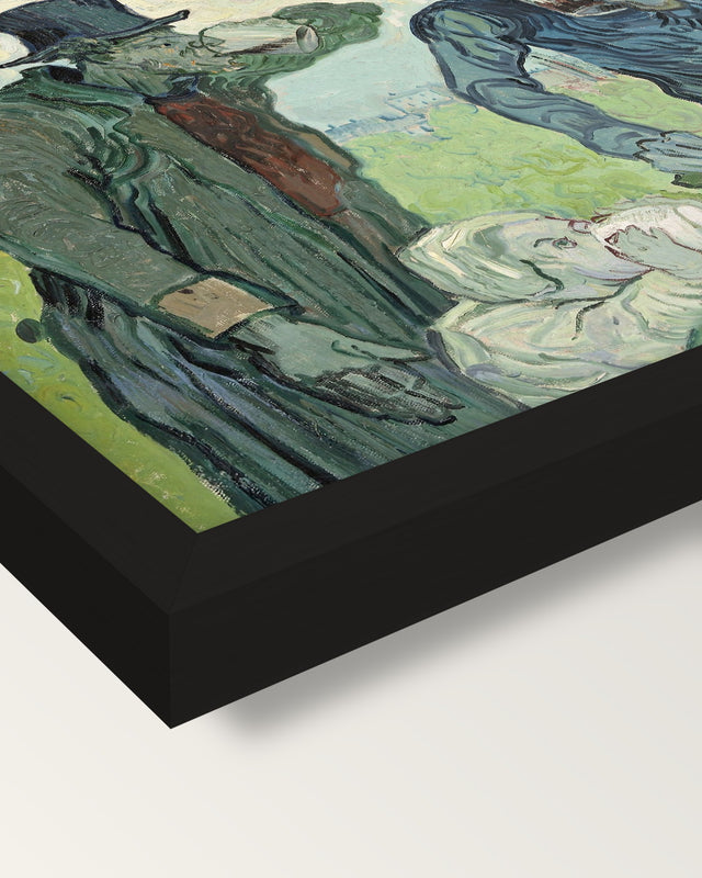 The Drinkers by Vincent van Gogh framed print, corner close-up: black moulding, mitred, the print set just below its edge