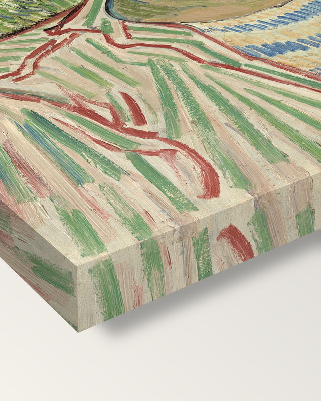 The Gardener by Vincent van Gogh on stretched canvas, corner close-up: the painting mirror-wrapped round the sides