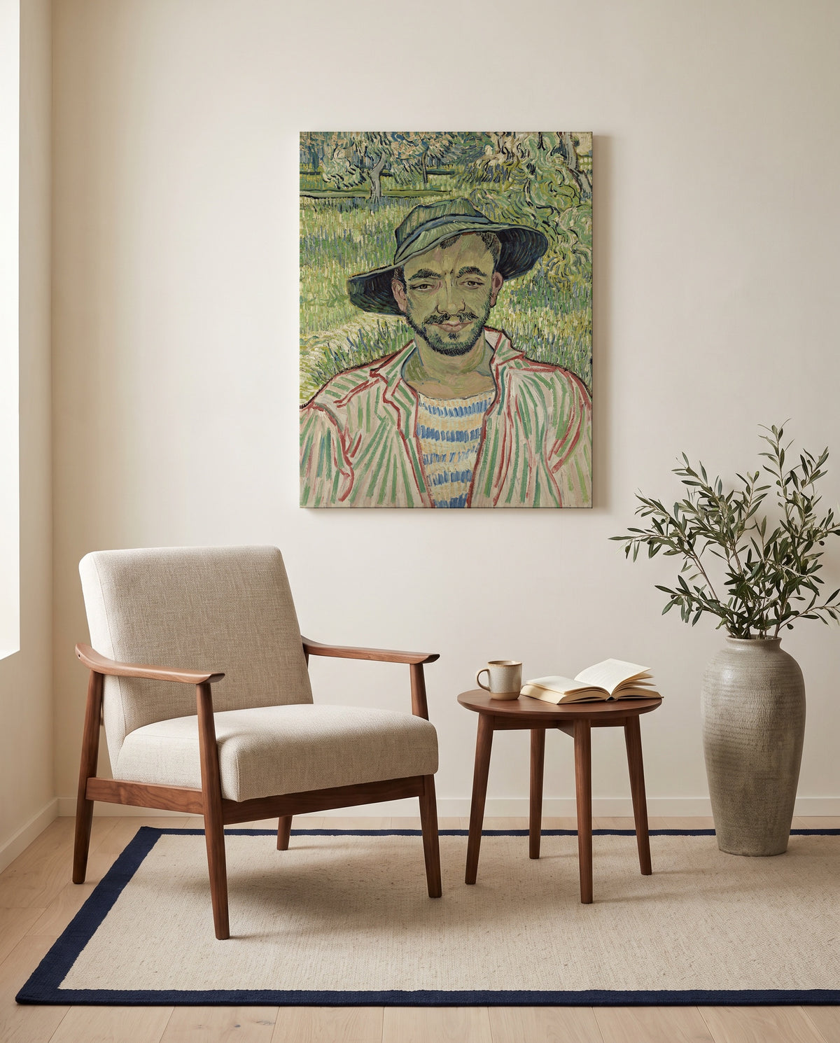 The Gardener by Vincent van Gogh as a stretched canvas above a linen lounge chair in a reading corner