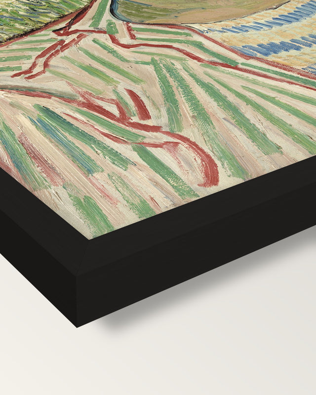 The Gardener by Vincent van Gogh framed print, corner close-up: black moulding, mitred, the print set just below its edge