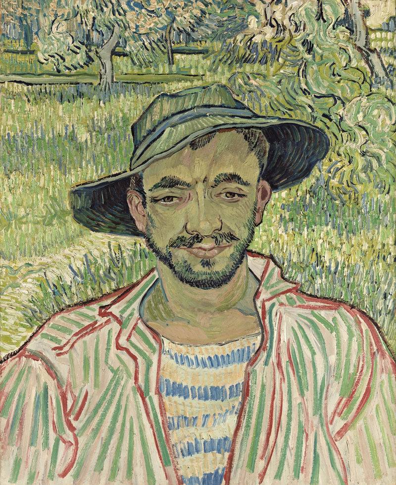 The Gardener by Vincent van Gogh: a smiling young man in a wide hat and a striped shirt against a green garden
