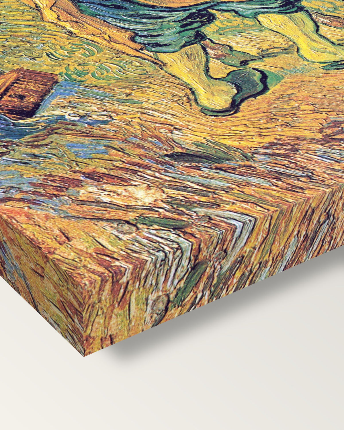 The Good Samaritan by Vincent van Gogh on stretched canvas, corner close-up: the painting mirror-wrapped round the sides