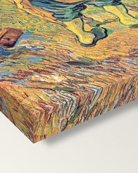 The Good Samaritan by Vincent van Gogh on stretched canvas, corner close-up: the painting mirror-wrapped round the sides