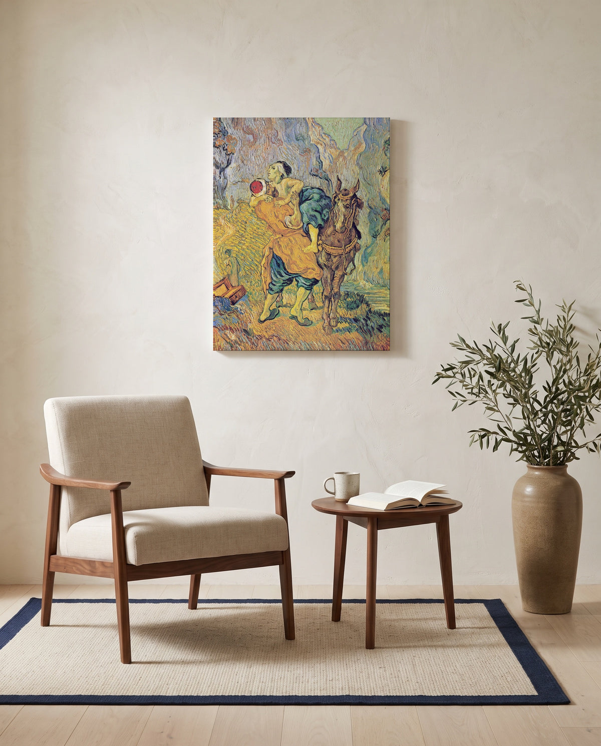 The Good Samaritan by Vincent van Gogh as a stretched canvas above a linen lounge chair in a reading corner