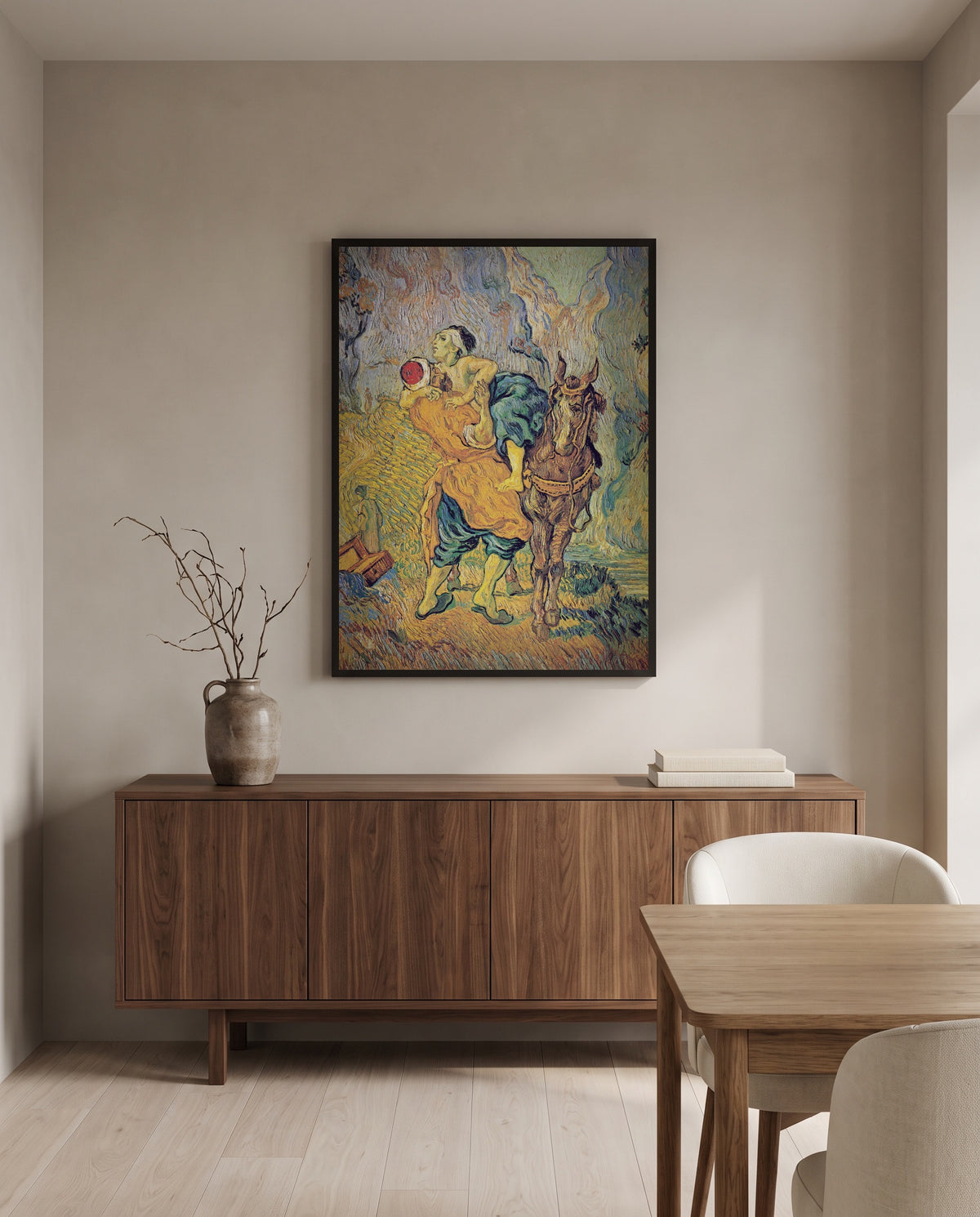 The Good Samaritan by Vincent van Gogh in a black frame above a walnut sideboard in a dining room