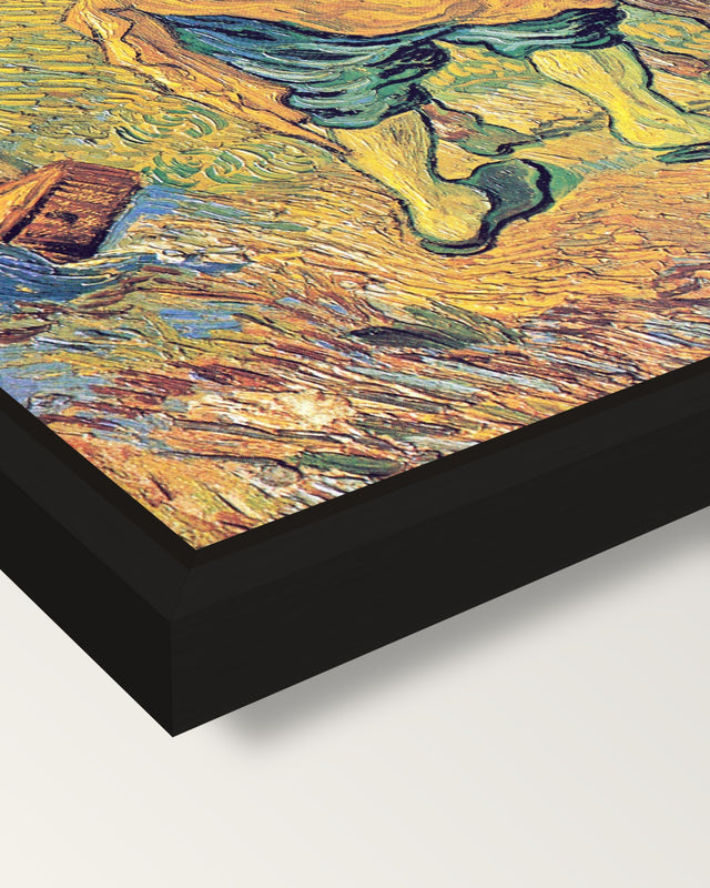 The Good Samaritan by van Gogh framed canvas, corner close-up: a black floating frame with a shadow gap round the canvas