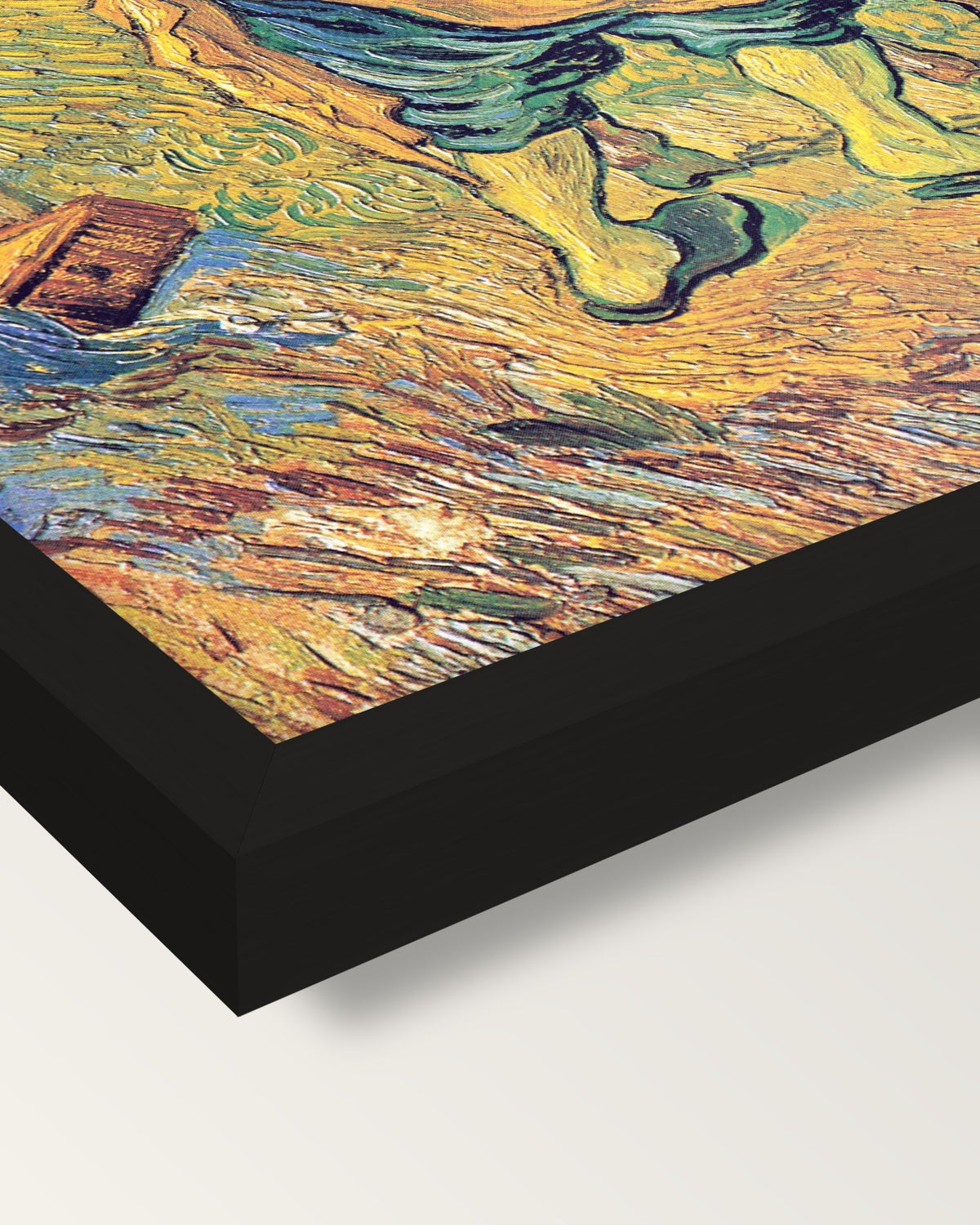 The Good Samaritan by van Gogh framed print, corner close-up: black moulding, mitred, the print set just below its edge